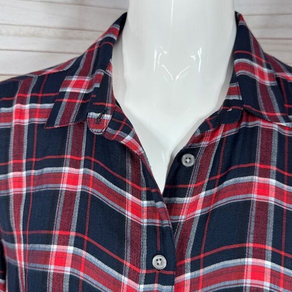 Loft Plaid Lightweight Bishop Sleeve Button Up Tunic Shirt Blue Red Small - Picture 5 of 14